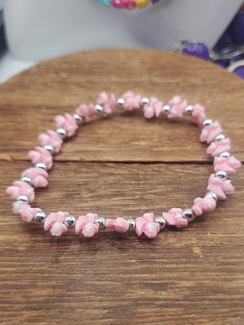 Delicate Pink Rose Dragon Bead Stretch Bracelet - Women Jewelry B3405
